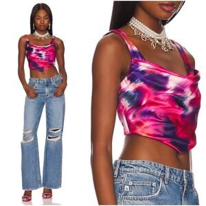 LOVERS AND FRIENDS Santa Monica Bustier Satin Cowl-Neck Crop Top in Lyza Dye XXS